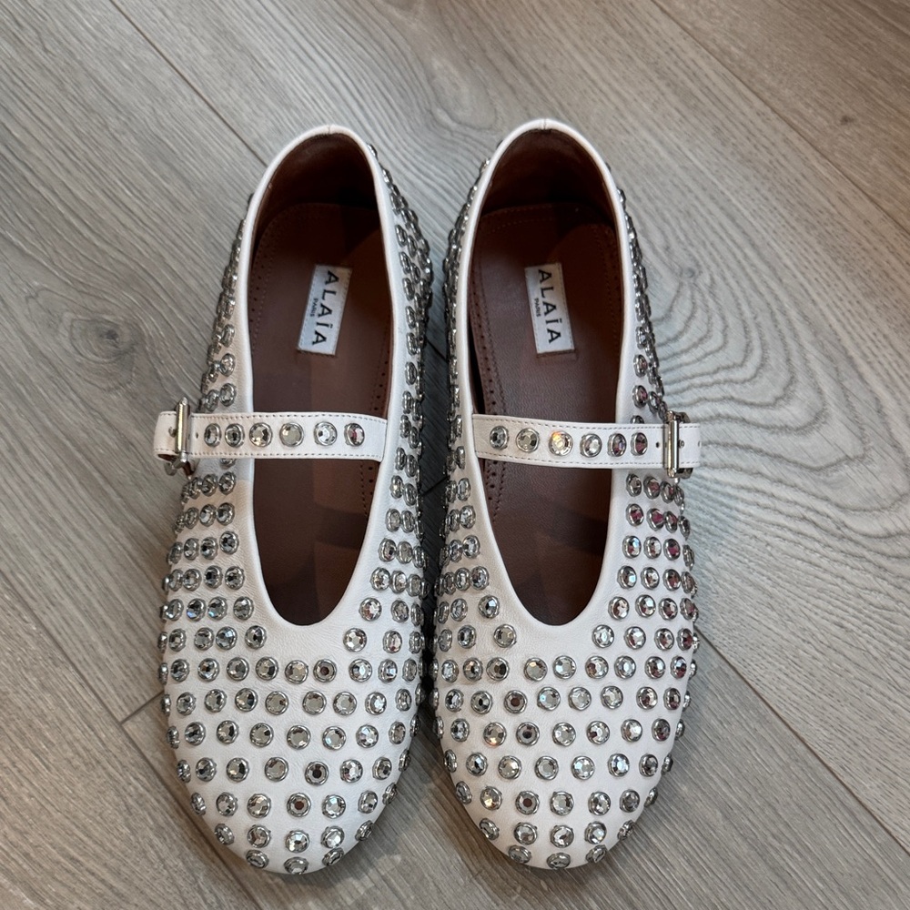 Alaia white leather crystal ballet flats; worn 2x; size 40